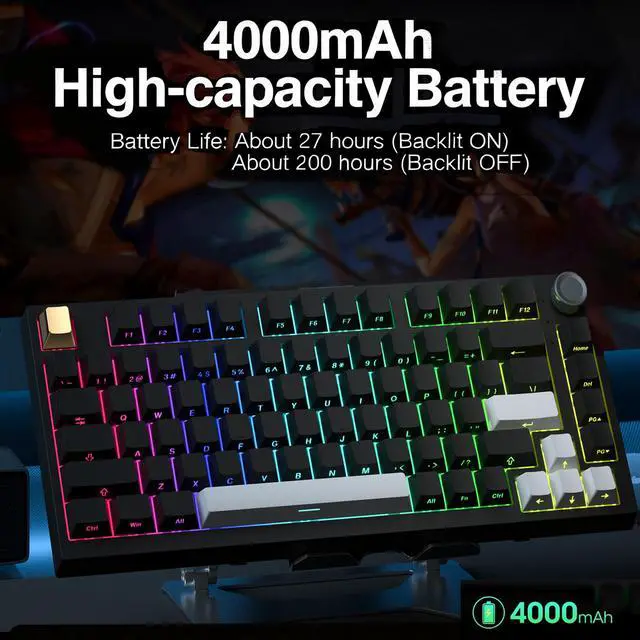 Alt view image 4 of 7 - Keymatic Wireless Mechanical Keyboard,75% Hot Swappable Custom Keyboard with Knob,RGB Backlit,Side Printed PBT Keycaps,2.4GHz/USB-C/BT5.0 Mechanical Gaming Keyboards