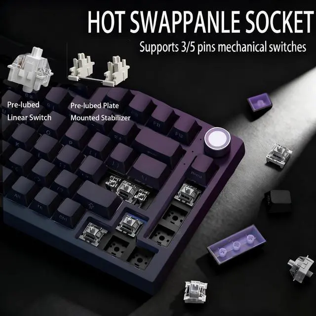 Alt view image 7 of 7 - Keymatic Wireless Mechanical Keyboard,75% Hot Swappable Custom Keyboard with Knob,RGB Backlit,Side Printed PBT Keycaps,2.4GHz/USB-C/BT5.0 Mechanical Gaming Keyboards