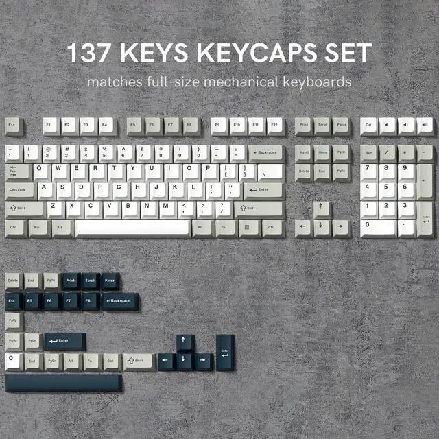 Alt view image 7 of 7 - Klymra PBT Keycaps Set, Doubleshot 137 Key Caps,Cherry Profile Custom Keycap for 61/64/68/84/87/100/104/108 Mechanical Keyboard, Compatiability for 60 65 75 100 Percent Keyboads (White Grey Blue)