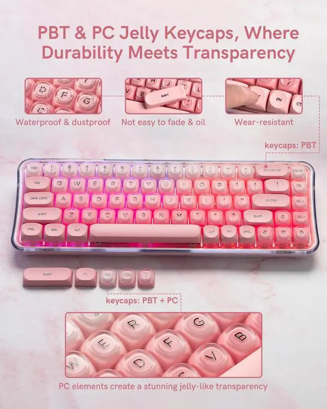 Alt view image 2 of 7 - 132 Keys PBT Keycaps, Jelly Keycaps Cute Custom Creamy Key caps MOA Profile for 61/68/84/87/98/100 Cherry Gateron MX Mechanical Keyboards, Pink