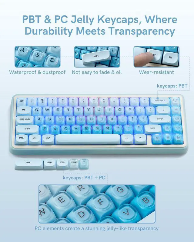 Alt view image 2 of 7 - 132 Keys PBT Keycaps, Jelly Keycaps Cute Custom Creamy Key caps MOA Profile for 61/68/84/87/98/100 Cherry Gateron MX Mechanical Keyboards, Blue