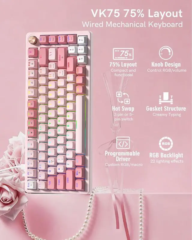 Alt view image 2 of 7 - Keyporia VK75 Wired Gaming Keyboard with Multimedia Control Knob, 75% Creamy Mechanical Keyboard RGB Backlit Gasket Mount with Cherry Profile PBT Keycaps, Hot Swappable Pre-lubed Linear Switch, Pink