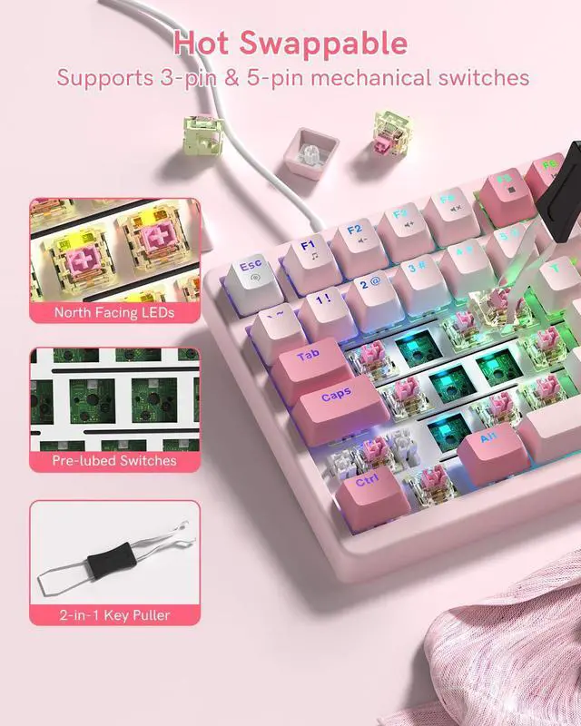 Alt view image 5 of 7 - Keyporia VK75 Wired Gaming Keyboard with Multimedia Control Knob, 75% Creamy Mechanical Keyboard RGB Backlit Gasket Mount with Cherry Profile PBT Keycaps, Hot Swappable Pre-lubed Linear Switch, Pink