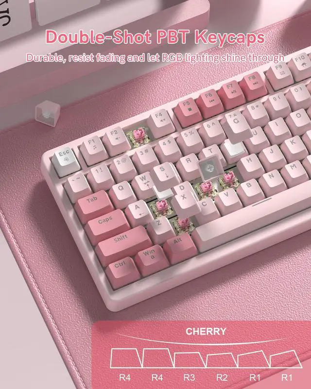 Alt view image 7 of 7 - Keyporia VK75 Wired Gaming Keyboard with Multimedia Control Knob, 75% Creamy Mechanical Keyboard RGB Backlit Gasket Mount with Cherry Profile PBT Keycaps, Hot Swappable Pre-lubed Linear Switch, Pink