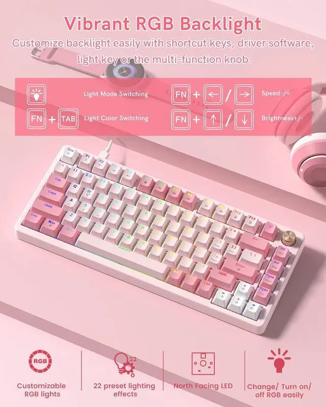 Alt view image 6 of 7 - Keyporia VK75 Wired Gaming Keyboard with Multimedia Control Knob, 75% Creamy Mechanical Keyboard RGB Backlit Gasket Mount with Cherry Profile PBT Keycaps, Hot Swappable Pre-lubed Linear Switch, Pink