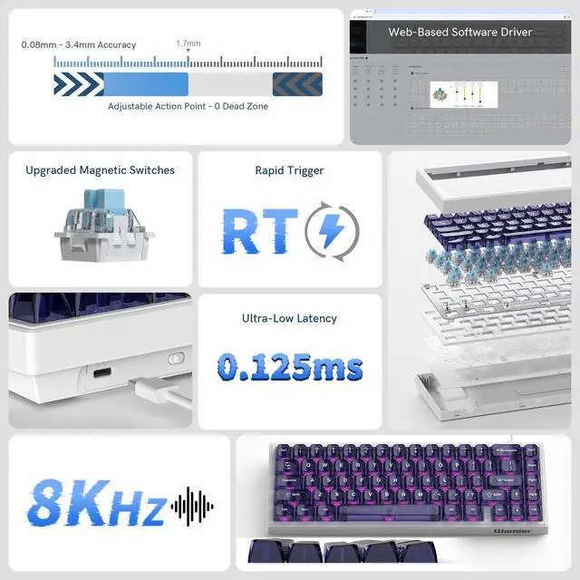Alt view image 3 of 7 - dagaladoo M68 HE V2 60% Wired Gaming Magnetic Keyboard with Adjustable Actuation,Hall Effect Gaming Keyboard Rapid Trigger,RGB HotSwap Custom Mechanical Keyboard,Purple Jelly keycaps trasparent