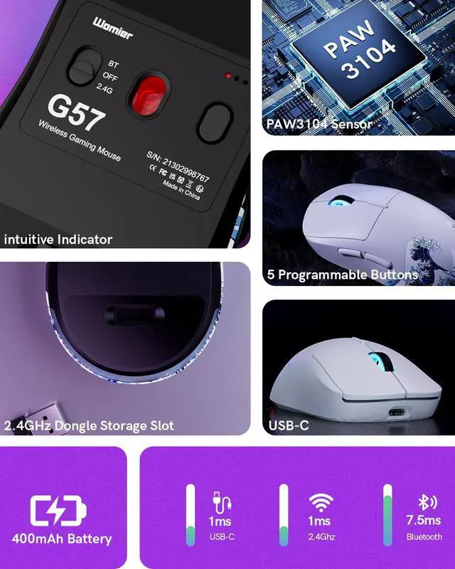 Alt view image 4 of 7 - Typehaven G57 Wireless Gaming Mouse, 8000 DPI, 80g, 2.4G/Bluetooth/USB-C Rechargeable Wireless Mouse with 5 Programmable Buttons for PC/Mac, White