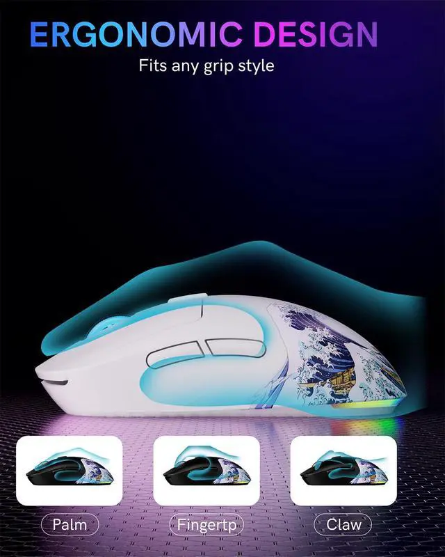 Alt view image 5 of 7 - Typehaven G57 Wireless Gaming Mouse, 8000 DPI, 80g, 2.4G/Bluetooth/USB-C Rechargeable Wireless Mouse with 5 Programmable Buttons for PC/Mac, White