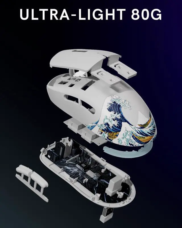 Alt view image 6 of 7 - Typehaven G57 Wireless Gaming Mouse, 8000 DPI, 80g, 2.4G/Bluetooth/USB-C Rechargeable Wireless Mouse with 5 Programmable Buttons for PC/Mac, White