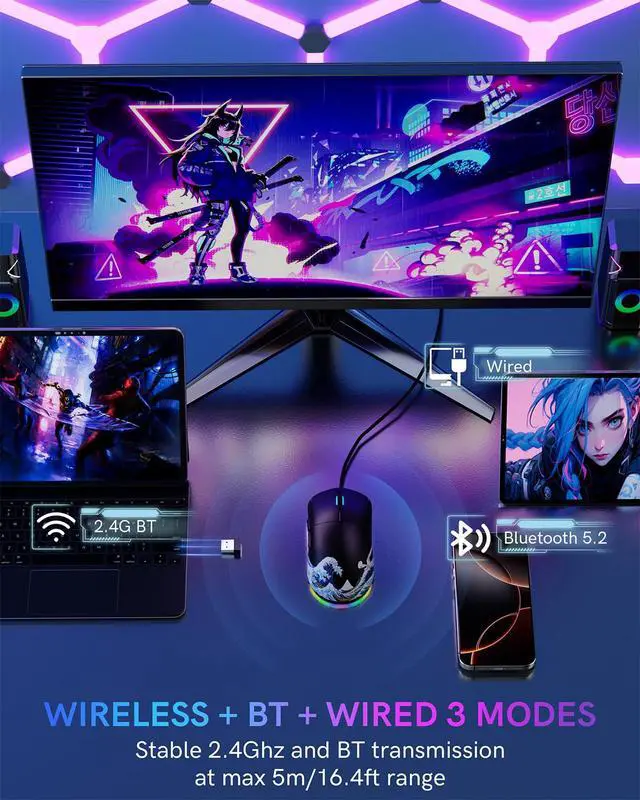 Alt view image 2 of 7 - Typehaven G57 Wireless Gaming Mouse, 8000 DPI, 80g, 2.4G/Bluetooth/USB-C Rechargeable Wireless Mouse with 5 Programmable Buttons for PC/Mac, Black