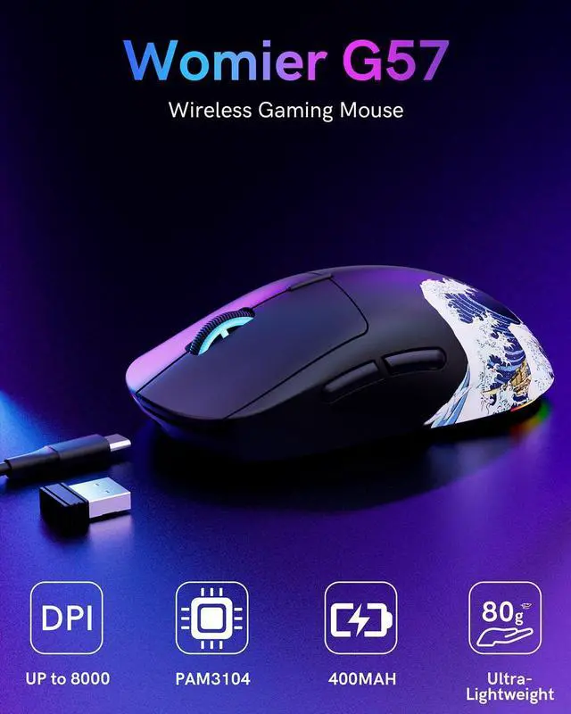 Alt view image 3 of 7 - Typehaven G57 Wireless Gaming Mouse, 8000 DPI, 80g, 2.4G/Bluetooth/USB-C Rechargeable Wireless Mouse with 5 Programmable Buttons for PC/Mac, Black