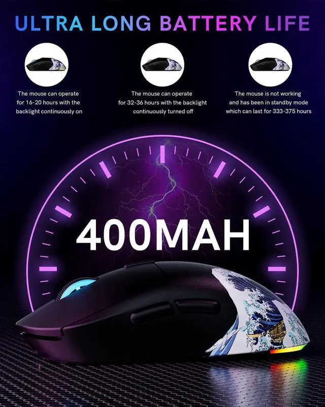 Alt view image 5 of 7 - Typehaven G57 Wireless Gaming Mouse, 8000 DPI, 80g, 2.4G/Bluetooth/USB-C Rechargeable Wireless Mouse with 5 Programmable Buttons for PC/Mac, Black