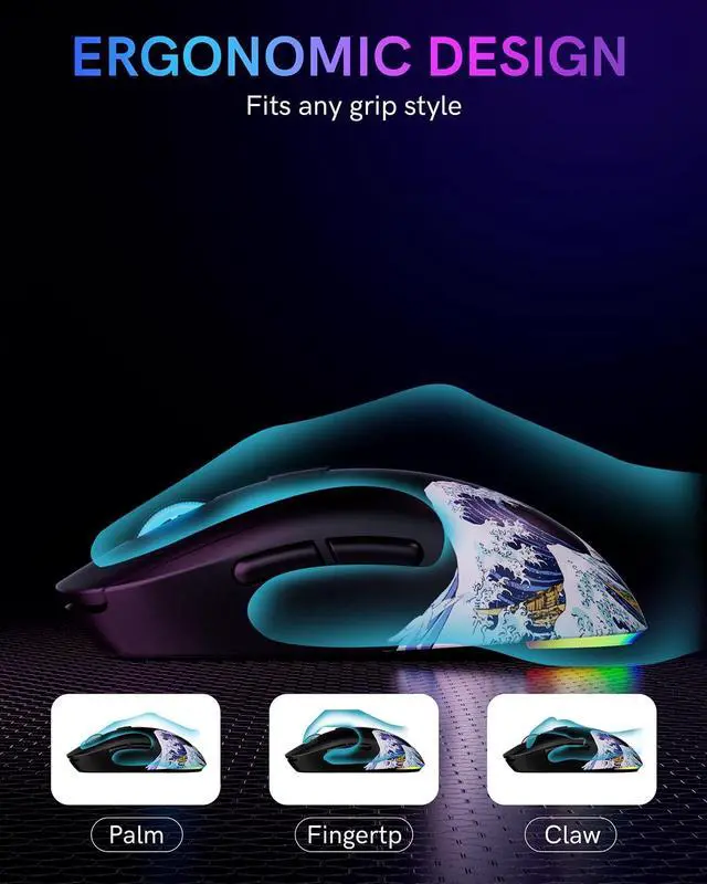 Alt view image 6 of 7 - Typehaven G57 Wireless Gaming Mouse, 8000 DPI, 80g, 2.4G/Bluetooth/USB-C Rechargeable Wireless Mouse with 5 Programmable Buttons for PC/Mac, Black