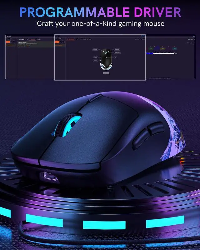 Alt view image 7 of 7 - Typehaven G57 Wireless Gaming Mouse, 8000 DPI, 80g, 2.4G/Bluetooth/USB-C Rechargeable Wireless Mouse with 5 Programmable Buttons for PC/Mac, Black