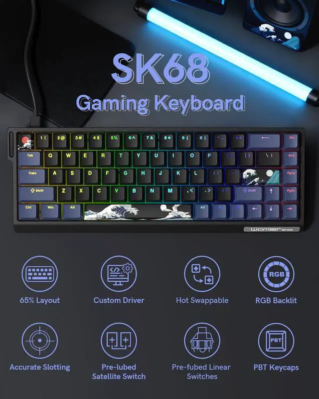 Alt view image 2 of 7 - Typehaven SK68 65% Gaming Keyboard, Wired Backlit Mini Keyboard w/100% Hot-Swap Socket 68 Keys Aluminum Gaming Wired Keyboard for PC Laptop Game