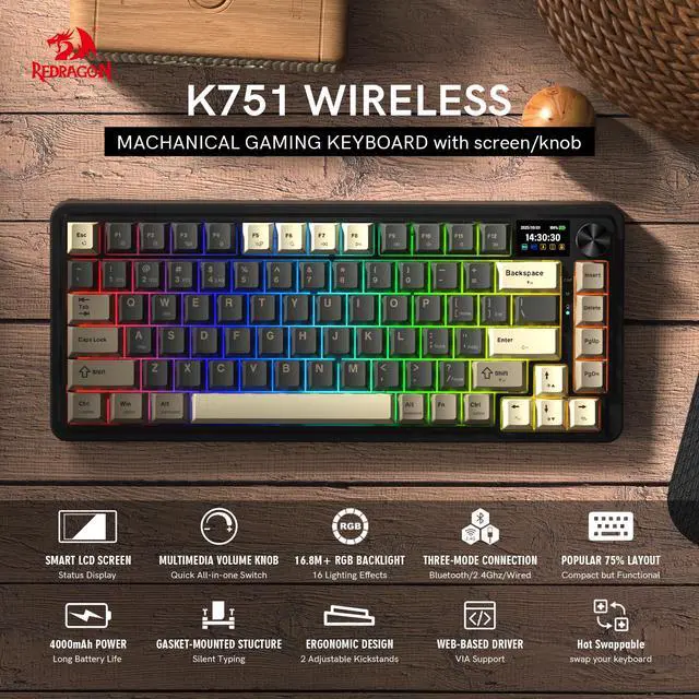 Alt view image 2 of 7 - Redragon K751 75% Wireless Mechanical Gaming Keyboard for PC/Mac, Bluetooth 5.0/2.4GHz/USB C Wired Creamy Keyboards with Screen/Knob/RGB/Backlit/Linear Switches, Hot Swappable, Gasket (Retro)