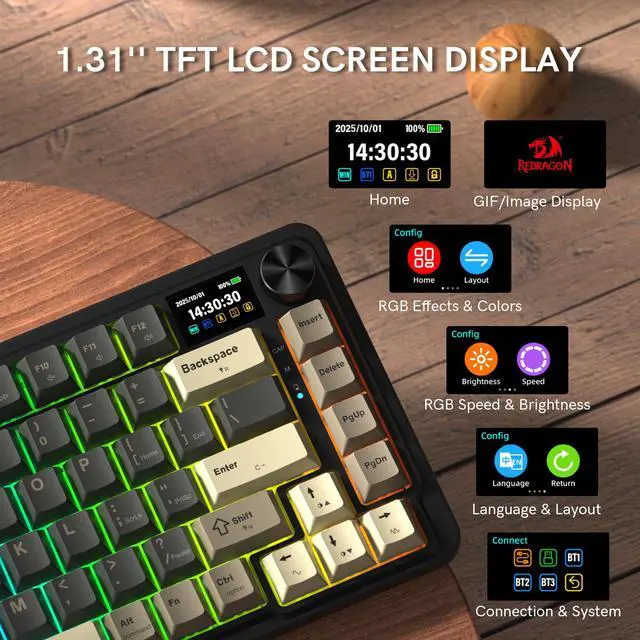 Alt view image 3 of 7 - Redragon K751 75% Wireless Mechanical Gaming Keyboard for PC/Mac, Bluetooth 5.0/2.4GHz/USB C Wired Creamy Keyboards with Screen/Knob/RGB/Backlit/Linear Switches, Hot Swappable, Gasket (Retro)