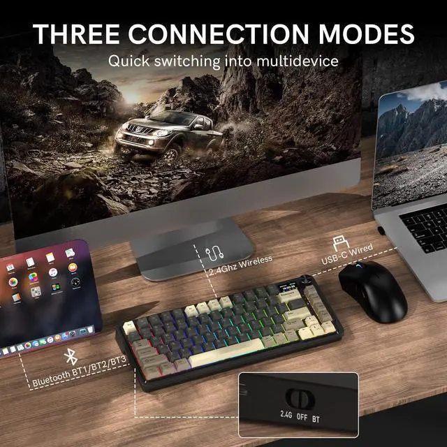 Alt view image 5 of 7 - Redragon K751 75% Wireless Mechanical Gaming Keyboard for PC/Mac, Bluetooth 5.0/2.4GHz/USB C Wired Creamy Keyboards with Screen/Knob/RGB/Backlit/Linear Switches, Hot Swappable, Gasket (Retro)