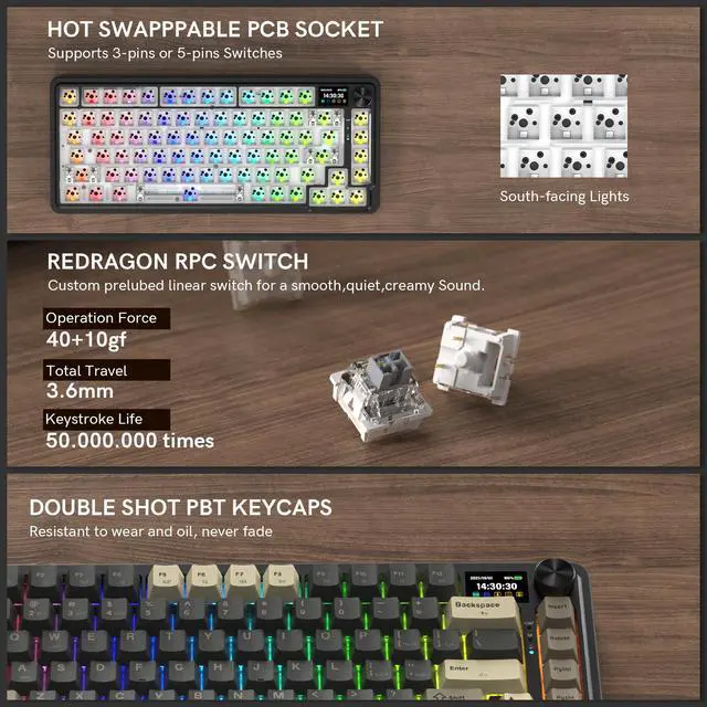 Alt view image 6 of 7 - Redragon K751 75% Wireless Mechanical Gaming Keyboard for PC/Mac, Bluetooth 5.0/2.4GHz/USB C Wired Creamy Keyboards with Screen/Knob/RGB/Backlit/Linear Switches, Hot Swappable, Gasket (Retro)