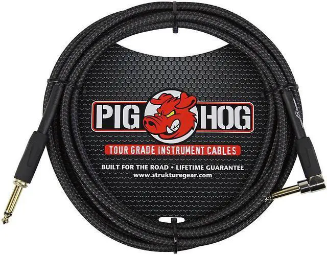 Main image of Pig Hog Instrument Cable Black Woven 1/4" to 1/4" Right Angle 10 ft. Black Woven