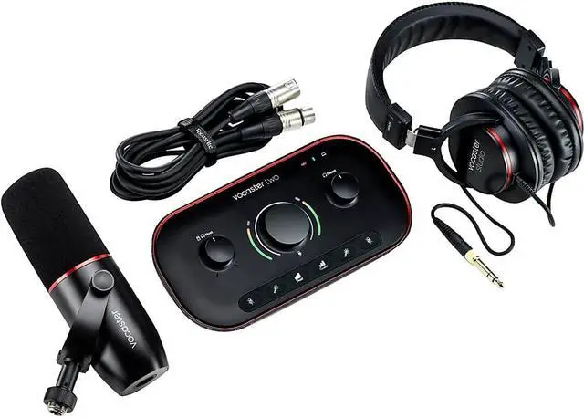 Alt view image 8 of 20 - Focusrite Vocaster Two Studio — Podcasting Interface for Recording Host & Guest, with Professional Quality Vocaster DM14v Dynamic Microphone & HP60v Headphones. Two Mic Inputs & Two Headphone Outputs