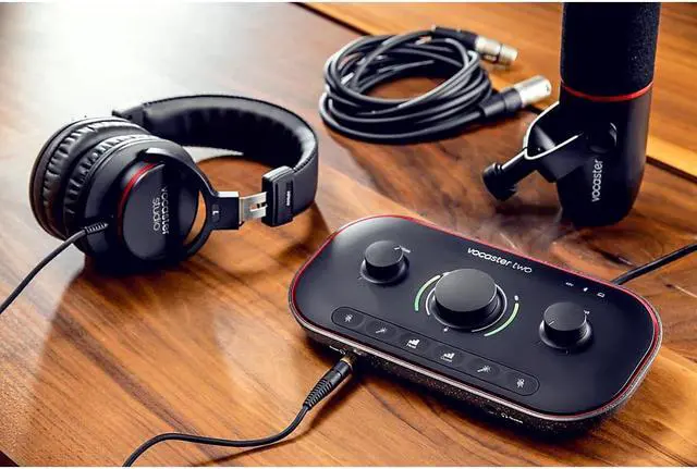 Alt view image 9 of 20 - Focusrite Vocaster Two Studio — Podcasting Interface for Recording Host & Guest, with Professional Quality Vocaster DM14v Dynamic Microphone & HP60v Headphones. Two Mic Inputs & Two Headphone Outputs
