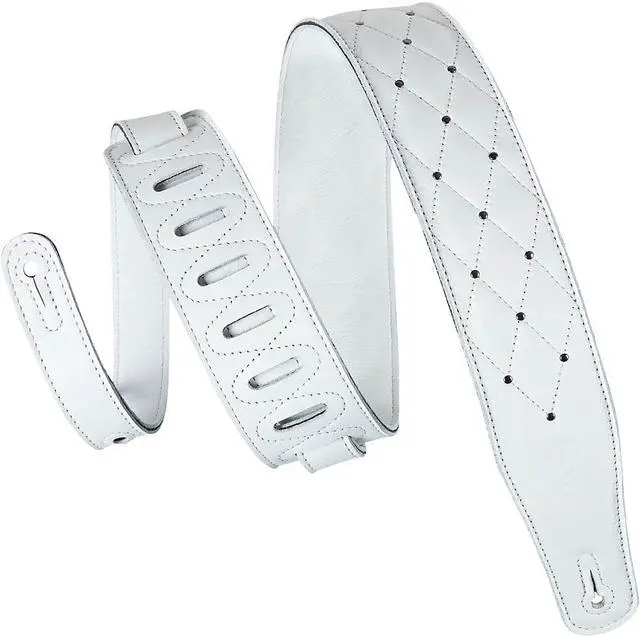Alt view image 2 of 8 - Levys Leathers 2.5" Garment Leather Guitar Strap Tufted Design; White and Silver (MG26DS-WHT_ABK)
