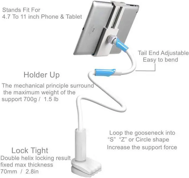 Alt view image 5 of 7 - Flexible Arm Clip Tablet Stand Tablet Holder for Bed 4.7-10.5" Devices Tablet Mount for New iPad 2019, iPad Mini Pro Air, Samsung Galaxy Tab S5E T510 S6 Tablet Stands Holders - 51inch Length