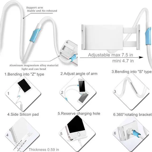 Alt view image 3 of 7 - Flexible Arm Clip Tablet Stand Tablet Holder for Bed 4.7-10.5" Devices Tablet Mount for New iPad 2019, iPad Mini Pro Air, Samsung Galaxy Tab S5E T510 S6 Tablet Stands Holders - 51inch Length