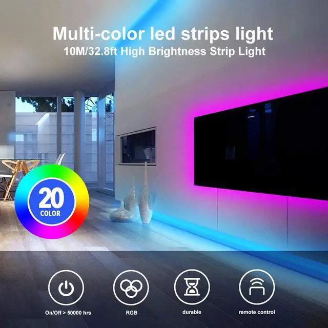 Alt view image 4 of 7 - Led Strip Lights 32.8ft 10m with 44 Keys IR Remote and 12V Power Supply Flexible Color Changing 5050 RGB 300 LEDs Light Strips Kit for Home, Bedroom, Kitchen,DIY Decoration