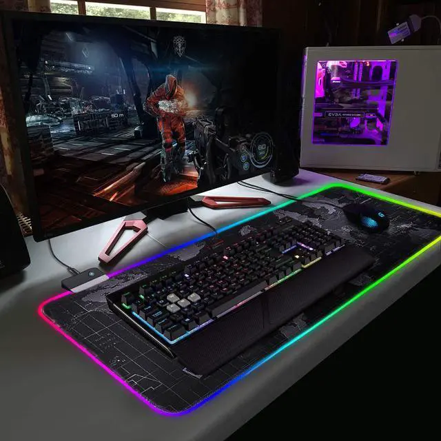 Alt view image 7 of 7 - RGB Gaming Mouse Pad - Large Cool RGB Gaming Mouse Mat With Nylon Thread Stitched Edges & Smoothly Waterproof Non-Slip Rubber Base - 31.5"X 11.8" with 14 Light Modes