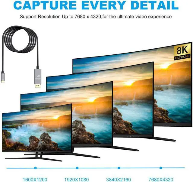Alt view image 5 of 7 - USB C to DisplayPort 1.4 Cable 8K @30Hz 4K @144Hz USB 3.1 Type C Thunderbolt 3 to DP Cable for MacBook 2017 DellXPS 15 Disply XDR Galaxy - 6 FEET