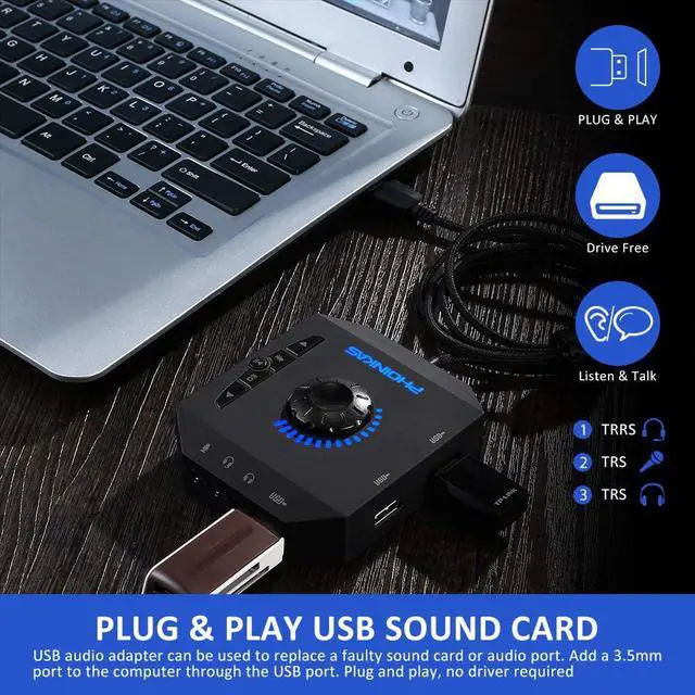 Alt view image 2 of 7 - External Sound Card USB Audio Adapter with 3.5mm Headphone and Microphone Jack Volume Control Stereo Sound Card Plug Play for Windows Mac Linux PC Laptops Desktops