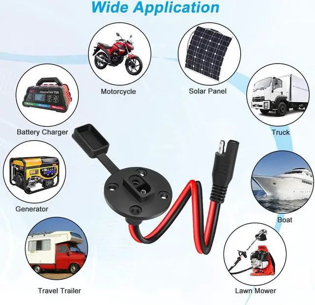 Alt view image 6 of 7 - SAE Power Socket Sidewall Port Weatherproof SAE Quick Connect Solar Panel Mount Universal Flush-Mountable Connector 12AWG SAE Cable with 8 Screws for Solar Generator Battery Charger - 2 Pack