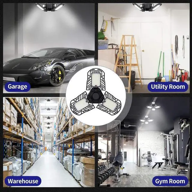 Alt view image 6 of 7 - LED Garage Lights 6000LM Deformable Garage Ceiling Lights 60W E26 / E27 Basement Light Ultra-Bright Trilight Lamp Set with 3 Adjustable Panels 6000K Daylight for Garage Warehouse Workshop