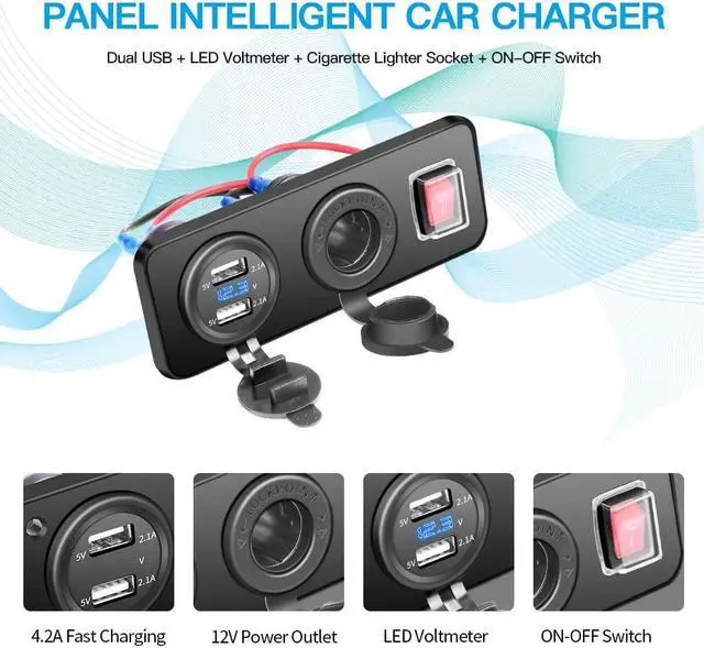 Alt view image 2 of 7 - Dual USB Socket Charger 2.1A & 2.1A with LED Voltmeter + 12V Power Outlet + ON-Off Toggle Switch Four Functions Panel for Car Boat Marine RV Truck Vehicles GPS Mobiles