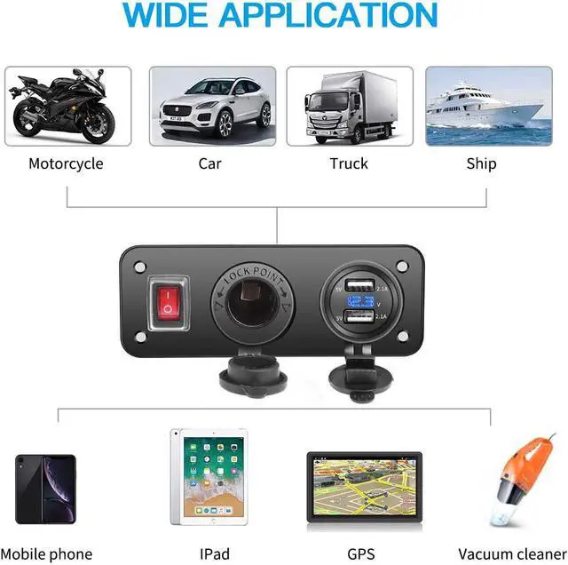 Alt view image 7 of 7 - Dual USB Socket Charger 2.1A & 2.1A with LED Voltmeter + 12V Power Outlet + ON-Off Toggle Switch Four Functions Panel for Car Boat Marine RV Truck Vehicles GPS Mobiles
