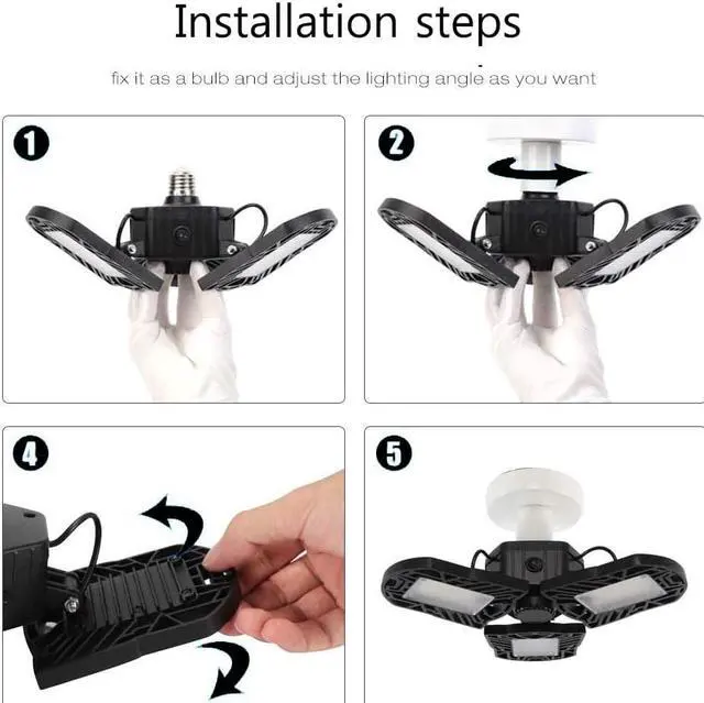 Alt view image 7 of 7 - LED Garage Lights 6000LM Deformable Garage Ceiling Lights 60W E26 / E27 Basement Light Ultra-Bright Trilight Lamp Set with 3 Adjustable Panels 6000K Daylight for Garage Warehouse Workshop