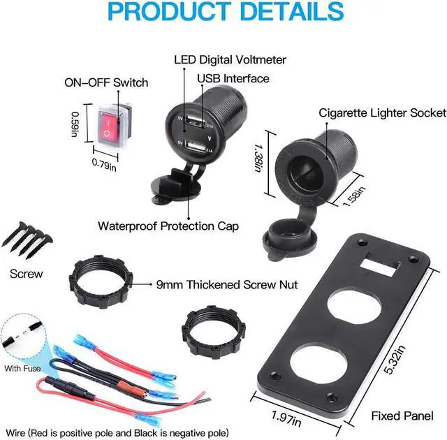 Alt view image 3 of 7 - Dual USB Socket Charger 2.1A & 2.1A with LED Voltmeter + 12V Power Outlet + ON-Off Toggle Switch Four Functions Panel for Car Boat Marine RV Truck Vehicles GPS Mobiles