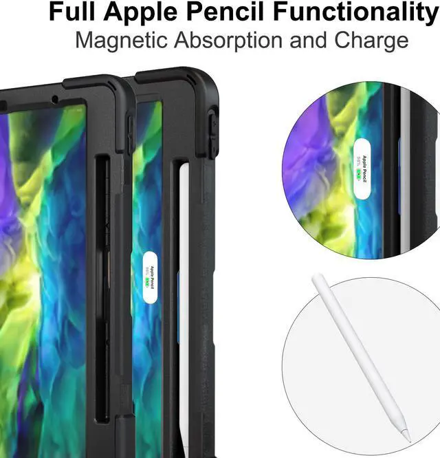 Alt view image 5 of 7 - iPad Pro 11 inch Case 2021 & 2020 & 2018 with Apple Pencil Holder, Rugged Heavy Duty 360 Rotating Kickstand Protective Cover with Shoulder Strap for iPad Pro 11” 2rd  Gen 2021 / 2nd Gen 2020 / 1st Gen