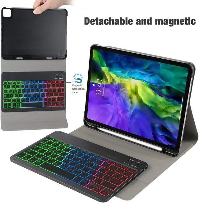 Alt view image 5 of 7 - Keyboard Case for iPad Pro 11 2020 2nd Generation & 2018 Magnetical Detachable Wireless Keyboard with Pencil Holder [Support Apple Pencil Charging] - PU Leather Folio Stand Cover with 7 Colors Backlit