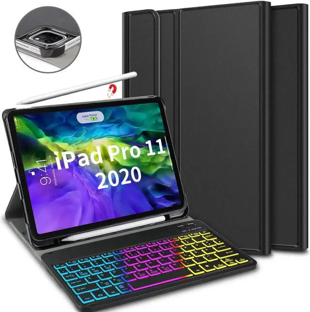 Main image of Keyboard Case for iPad Pro 11 2020 2nd Generation & 2018 Magnetical Detachable Wireless Keyboard with Pencil Holder [Support Apple Pencil Charging] - PU Leather Folio Stand Cover with 7 Colors Backlit