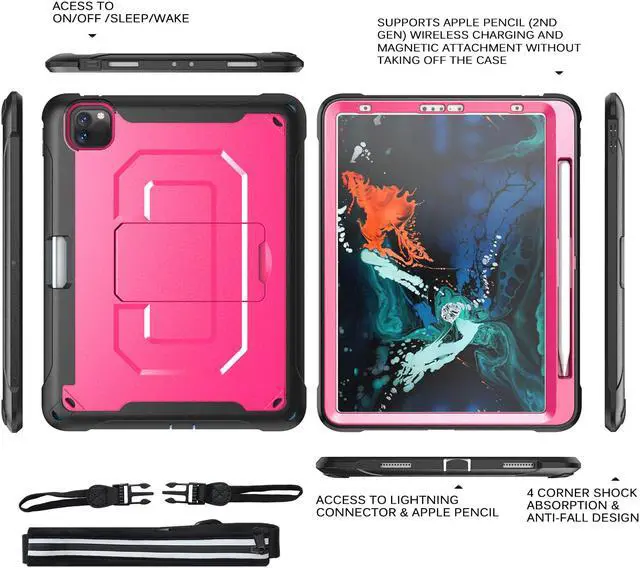 Alt view image 6 of 7 - iPad Pro 11 Case 2020 2nd Generation Heavy Shockproof Protective Cover with Pencil Holder / Shoulder Strap / Stand