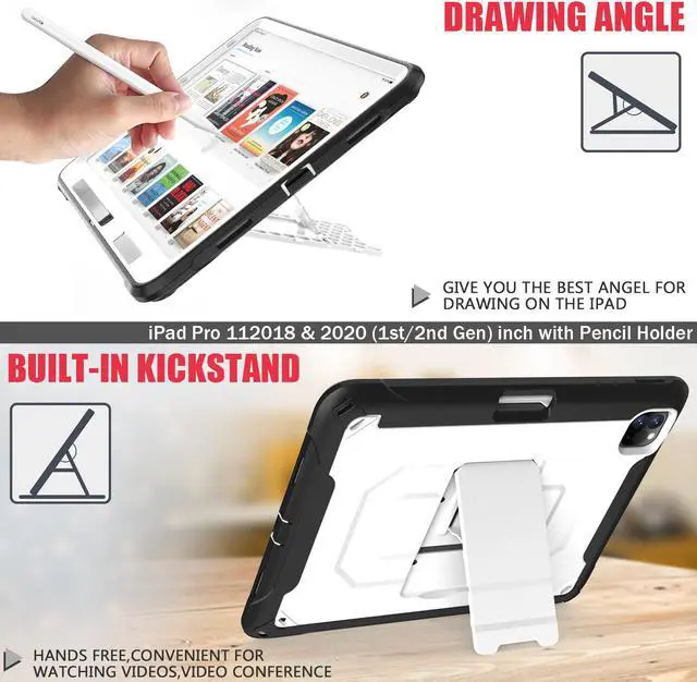 Alt view image 5 of 7 - iPad Pro 11 Case 2020 2nd Generation Heavy Shockproof Protective Cover with Pencil Holder / Shoulder Strap / Stand