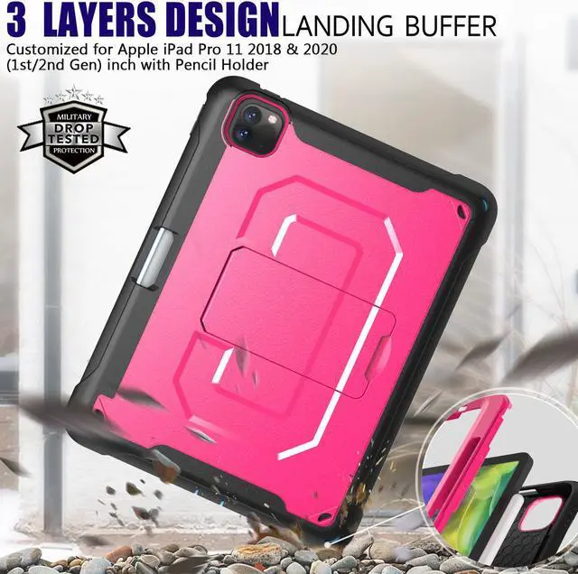 Alt view image 3 of 7 - iPad Pro 11 Case 2020 2nd Generation Heavy Shockproof Protective Cover with Pencil Holder / Shoulder Strap / Stand