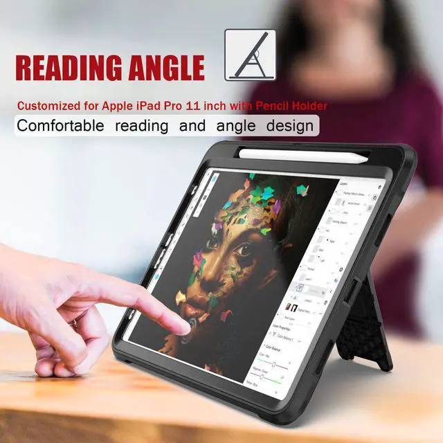 Alt view image 5 of 7 - iPad Pro 11 Case 2020 2nd Generation Heavy Shockproof Protective Cover with Pencil Holder / Shoulder Strap / Stand