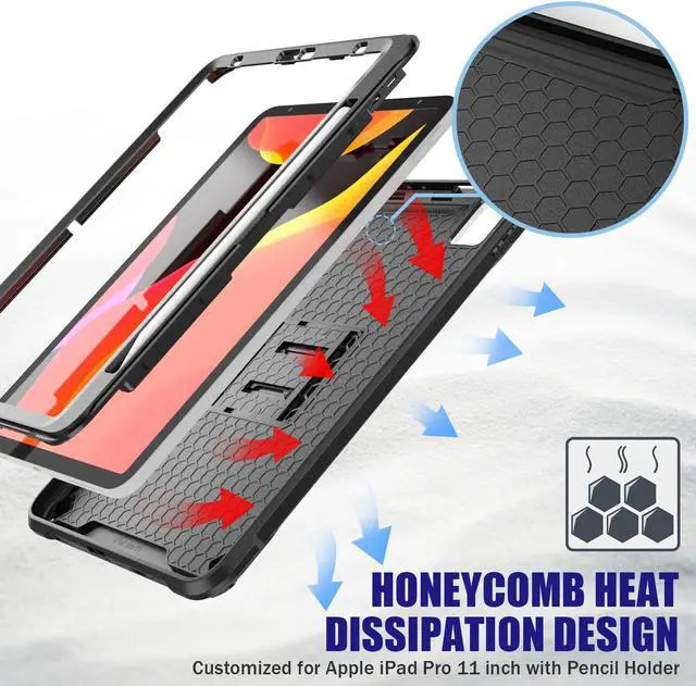 Alt view image 3 of 7 - iPad Pro 11 Case 2020 2nd Generation Heavy Shockproof Protective Cover with Pencil Holder / Shoulder Strap / Stand