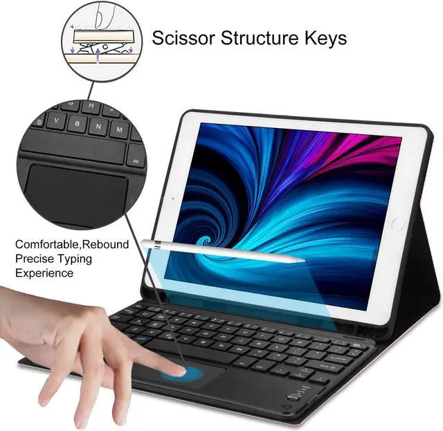 Alt view image 4 of 7 - iPad 9.7 Keyboard Case with Touchpad for iPad 2018 6th Gen / iPad 2017 5th Gen / iPad Pro 9.7 / iPad Air 2 / 1 Detachable Bluetooth Keyboard Leather Folio Smart Slim Case with Pencil Holder