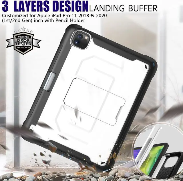 Alt view image 3 of 7 - iPad Pro 11 Case 2020 2nd Generation Heavy Shockproof Protective Cover with Pencil Holder / Shoulder Strap / Stand