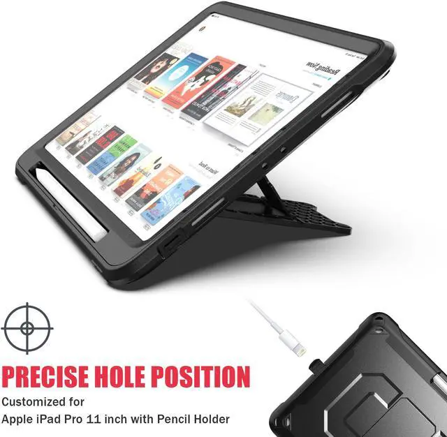 Alt view image 6 of 7 - iPad Pro 11 Case 2020 2nd Generation Heavy Shockproof Protective Cover with Pencil Holder / Shoulder Strap / Stand